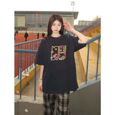 网图有货美式数字几何刺绣短袖T恤男女宽松情侣圆领上衣A528-P32，男装T恤，星座1505