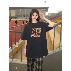 网图有货 美式数字几何刺绣短袖T恤男女宽松情侣圆领上衣A528-P32图片