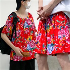 TZ2008男士夏季圆领短袖短裤人棉东北大花布透气凉爽套装大码男女，男装休闲套装，星座115A(原星座507）