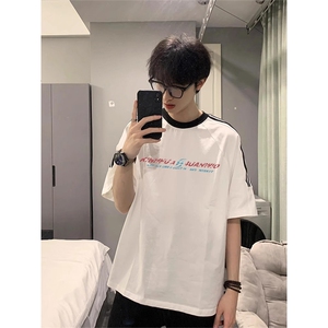 夏季美式高街重磅纯棉三条杠织带撞色男女短袖T恤ZD533-特P30图片