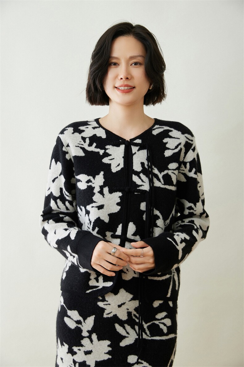 时尚提花盘扣35%羊绒开衫优雅显瘦女装毛衣外套,女装羊绒衫,迎冬羊绒