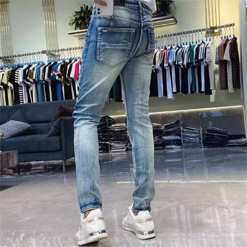 美式高街hiphop迷彩拼接腰果花做旧弹性高街青年水洗小脚牛仔长裤,男装休闲裤,星座506A