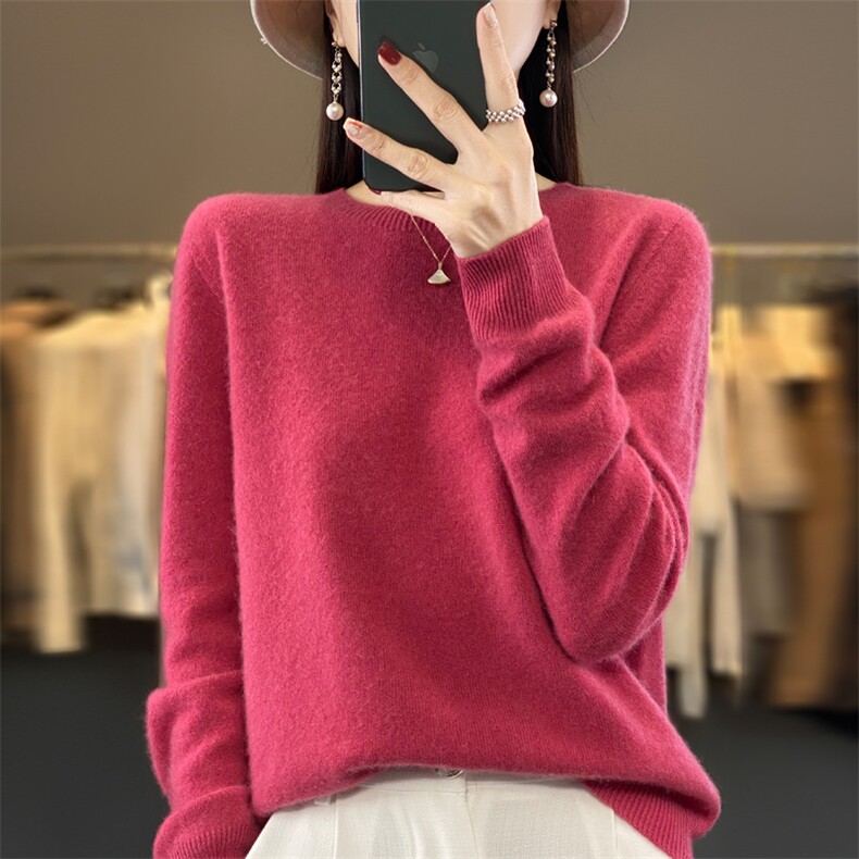奢华质感澳洲羊毛衫女圆领一线成衣套头打底毛衣针织衫外搭,女装羊毛衫,鲁菏羊绒