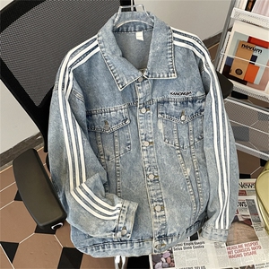 春季新款条纹拼接翻领牛仔夹克男潮牌运动风外套 现货 W8069-P64图片