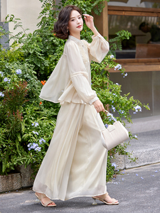 超仙时尚雪纺套装女2025春夏新款半透减龄显瘦流行阔腿裙裤三件套图片