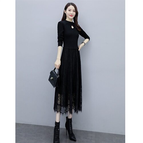 2023秋季新款半高领镂空线衣配蕾丝长款打底连衣裙，女装连衣裙，安之芮娜