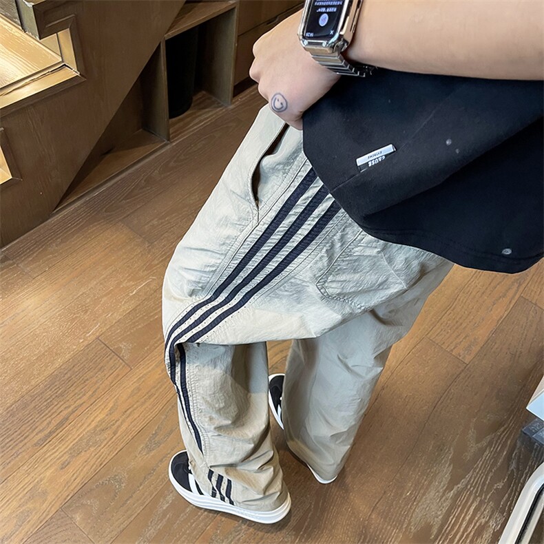 夏季薄款条纹冰丝裤子男潮流宽松透气速干直筒裤男生运动休闲长裤,男装休闲裤,星座1008