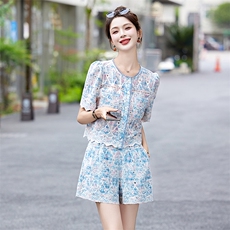TERREBLEUE气质高级感时尚套装女2024夏季小香风蕾丝衬衫两件套，女装套装/套裙，采品优优