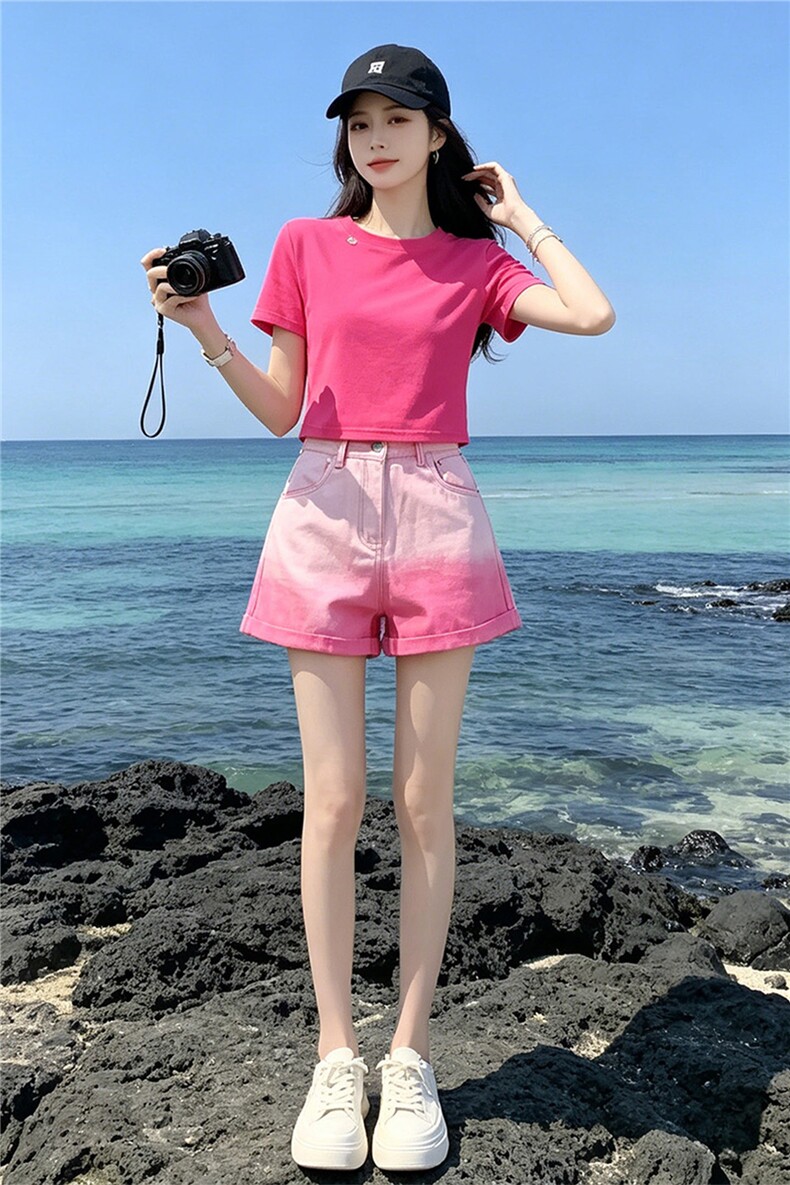 欧韩时尚潮流套装女夏新款玫红色圆领短袖上衣粉色牛仔短裤两件套,女装套装/套裙,江南