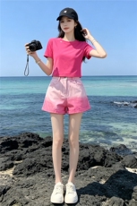 欧韩时尚潮流套装女夏新款玫红色圆领短袖上衣粉色牛仔短裤两件套，女装套装/套裙，江南