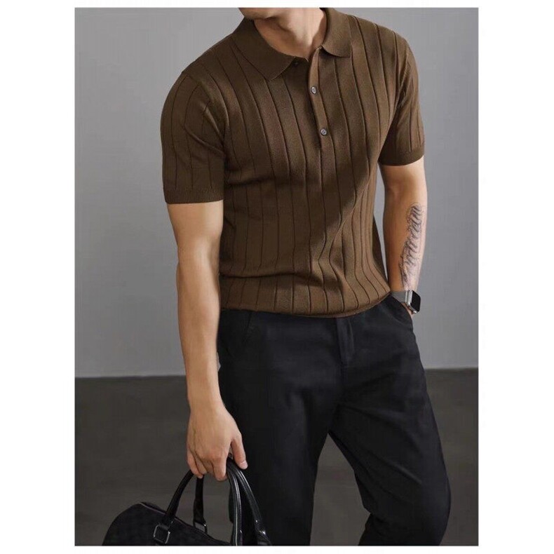 复古坑条纹冰丝短袖针织POLO衫翻领轻熟上衣75030/P55，男装Polo衫，电商A243