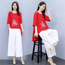 2021夏季新款简约气质圆领复古盘扣装饰时尚图案刺绣棉麻两件套，女装套装/套裙，韩宇舍