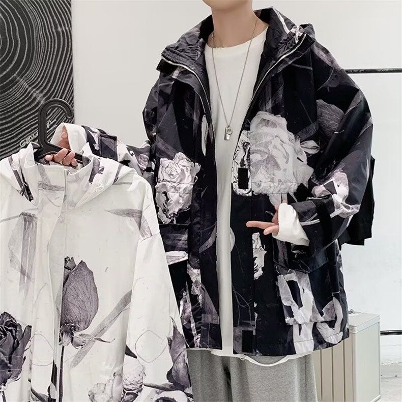 春秋新款男宽松连帽夹克工装上衣潮流港风干枯玫瑰外套JK028-P50,男装夹克,星座308B-1