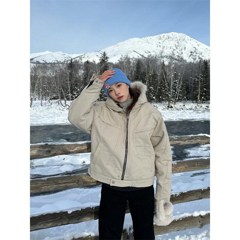 米白色座山雕工装棉服男女毛领加厚美式复古短款连帽cleanfit外套,男装夹克,星座1005