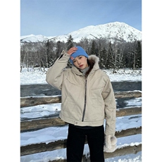 米白色座山雕工装棉服男女毛领加厚美式复古短款连帽cleanfit外套，男装夹克，星座1005