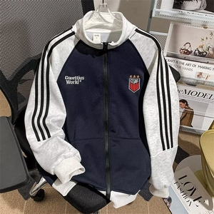 美式三条杠运动卫衣男秋潮撞色外套复古开衫棒球服上衣WY103P46