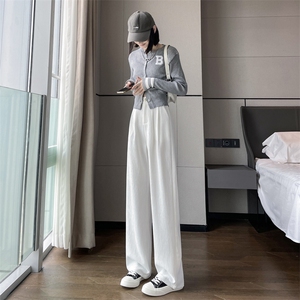 肌理感女裤2023春秋款加长版直筒高腰垂感阔腿西裤小个子图片