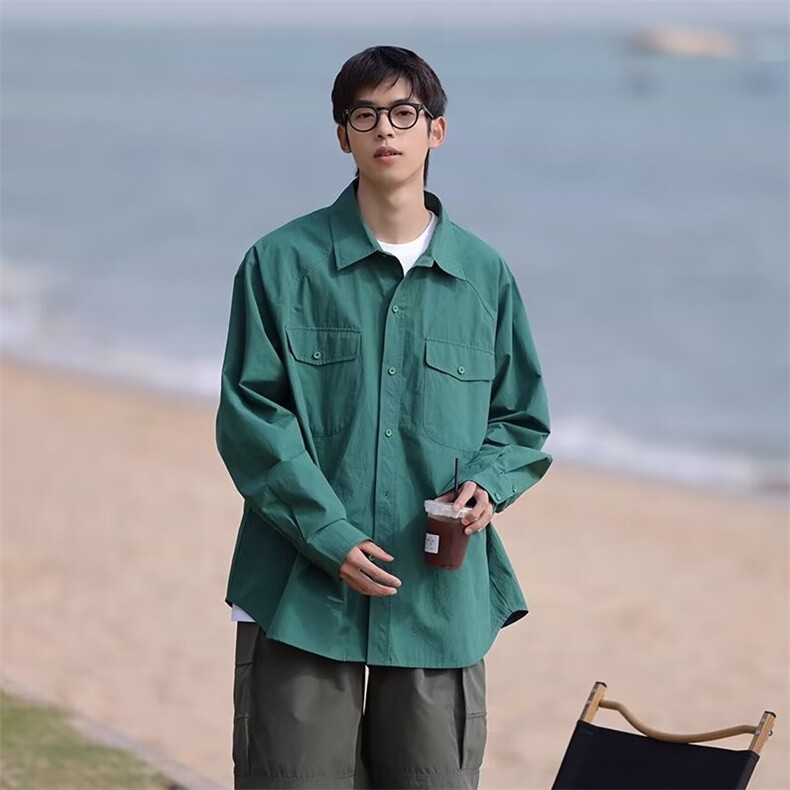 痞帅衬衫男高级感秋季港风纯色长袖衬衣休闲潮男搭配潮流帅气外套图片