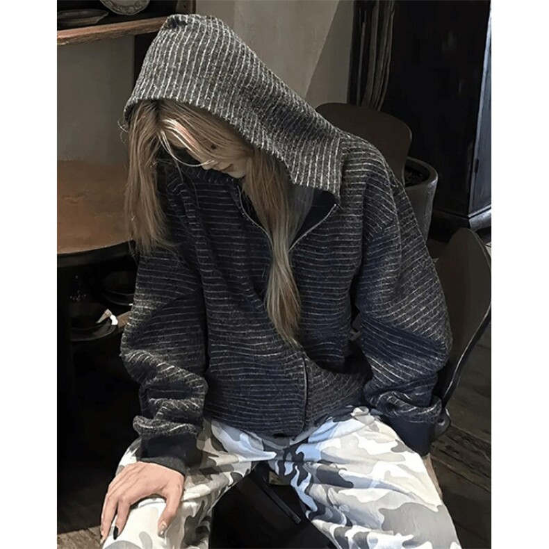美式复古条纹拉链开衫连帽卫衣男女宽松休闲百搭情侣外套WA231,女装短外套,星座1116A（原606A-3）