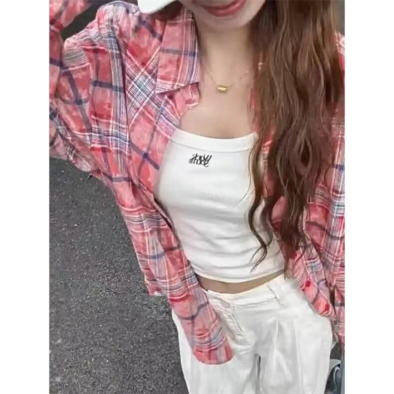 刺绣苹果格子长袖衬衫女2025秋装美式潮牌学院风宽松情侣开衫外套,男装衬衫,星座506A