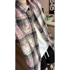 扎染短袖衬衫男夏季美式潮牌宽松格子衬衣大码外穿落肩袖宽松T恤，男装T恤，电商A007