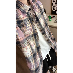 扎染短袖衬衫男夏季美式潮牌宽松格子衬衣大码外穿落肩袖宽松T恤图片