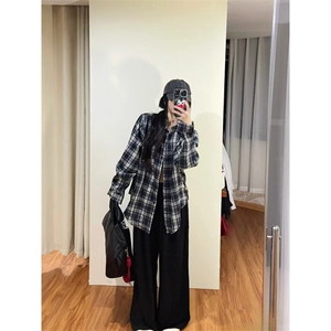 TC1002-P45复古长袖格子衬衫外套女季设计感小众宽松百搭翻领衬衣图片