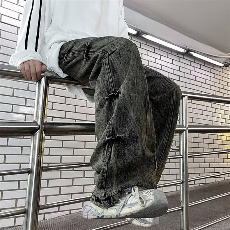 【有货】DC1013-P50美式高街废土风水洗褶皱微喇牛仔裤男阔腿裤,男装牛仔裤,星座603-2