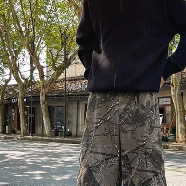 美式高街迷彩多口袋工装裤男直筒宽松阔腿褶皱军绿休闲裤,男装牛仔裤,星座218-8