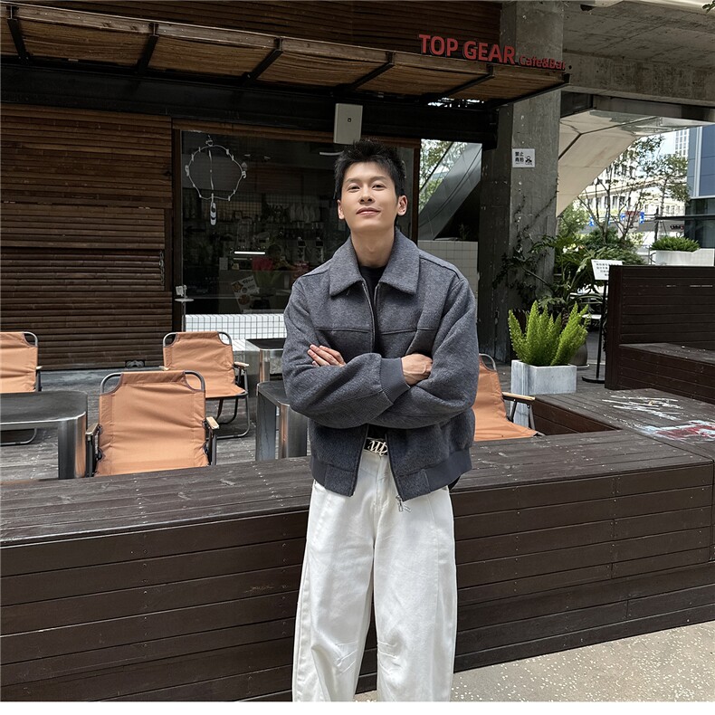 双拉链毛呢夹克外套秋冬短款呢子大衣宽松妮子风A236-JK629-P170,男装毛呢大衣,电商A236