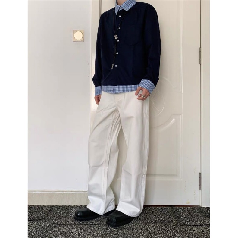 现货蓝色格子拼接翻领长袖上衣情侣款男女假两件衬衫CX03-TP45,男装衬衫,星座910A