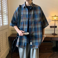 2026夏宽松潮男休闲五分袖衬衫半袖格子衬衣C600/P35蓝色，男装衬衫，电商A094