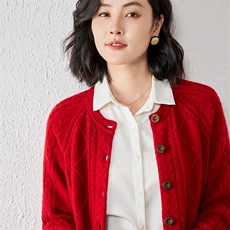 2025年秋季新款百搭女士提花圆领开衫，女装针织衫/毛衣，春贝羊绒