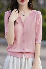 夏季新款莱赛尔天丝短袖针织衫女薄款五分袖法式开衫羊毛外套上衣，女装针织衫/毛衣，暖烁羊绒