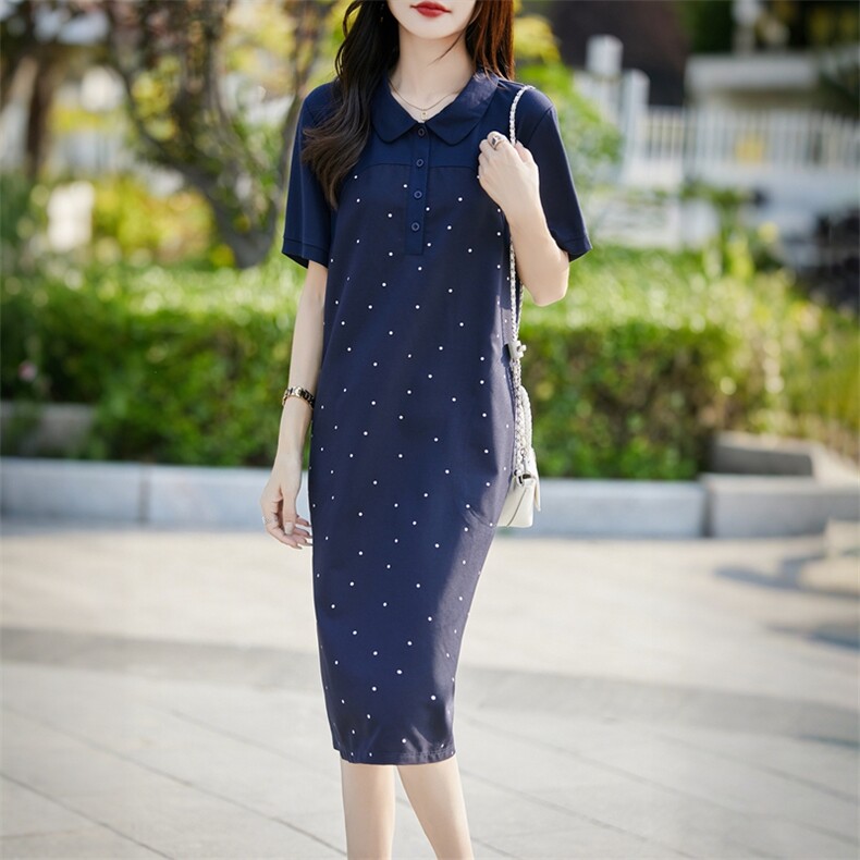 夏季新款简约娃娃领波点连衣裙女宽松百搭显瘦时尚休闲裙,女装连衣裙,臻维羊绒