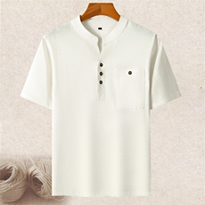 主推风亚麻短袖男大码V领唐装中老年棉麻T恤爸爸夏装短袖，男装T恤，钱塘723