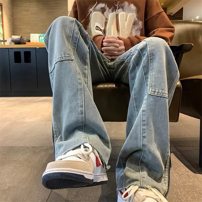 水洗做旧侧开拉链牛仔裤男款潮牌美式高街嘻哈阔腿长裤子H32-p50,男装牛仔裤,星座1008