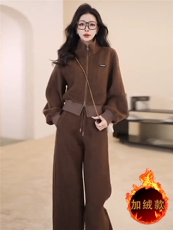 女秋冬新款高级感休闲时尚套装减龄显瘦拉链开衫外套阔腿裤两件套，女装套装/套裙，江南