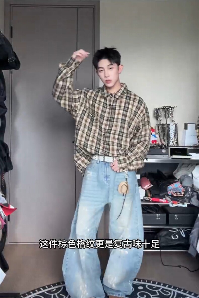特P35无差价春秋长袖百搭格子衬衫-HS2172港风自拍,男装衬衫,电商A003