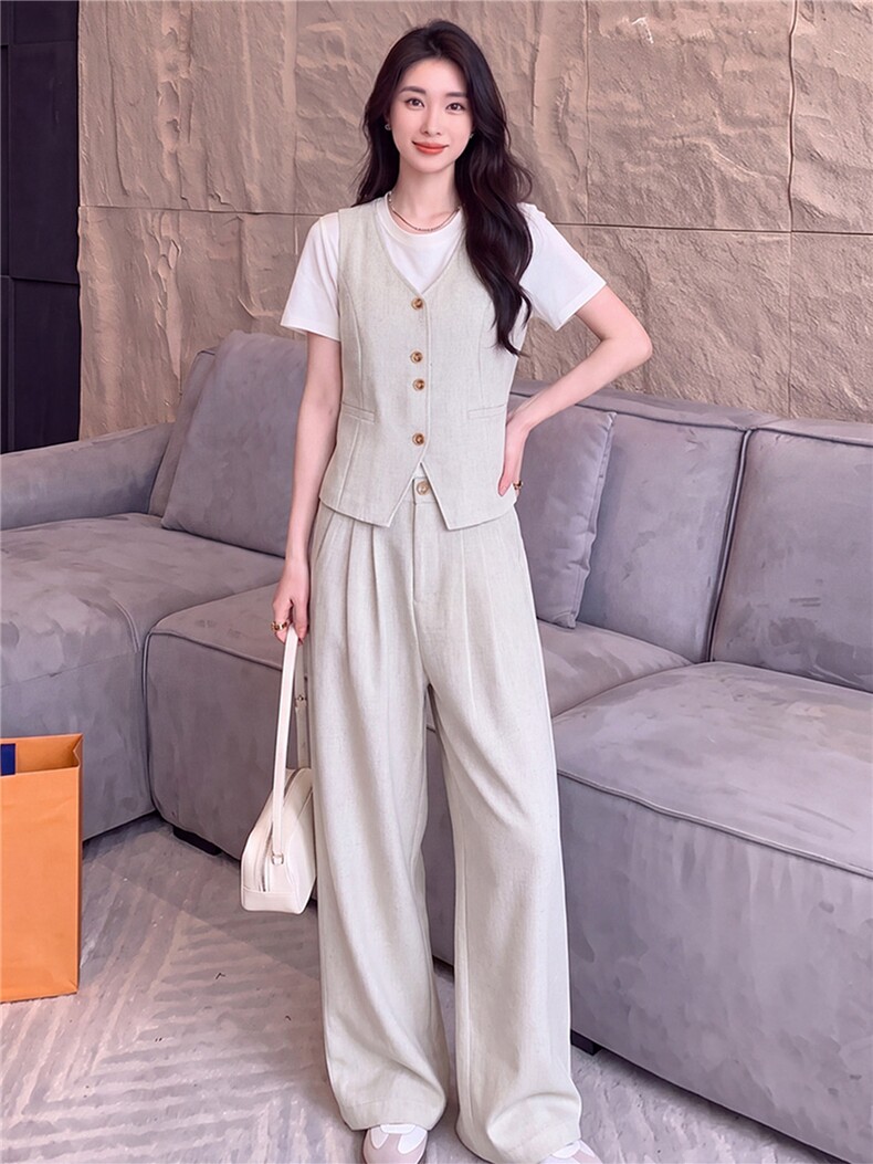 高级感休闲运动套装女春款圆领马甲上衣内搭白色T恤阔腿裤三件套,女装套装/套裙,江南