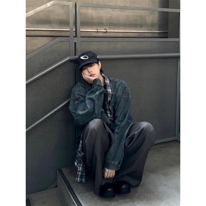 高质量格子假两件牛仔夹克宽松百搭外套JK092-P78,男装夹克,星座313A(原308A-2)