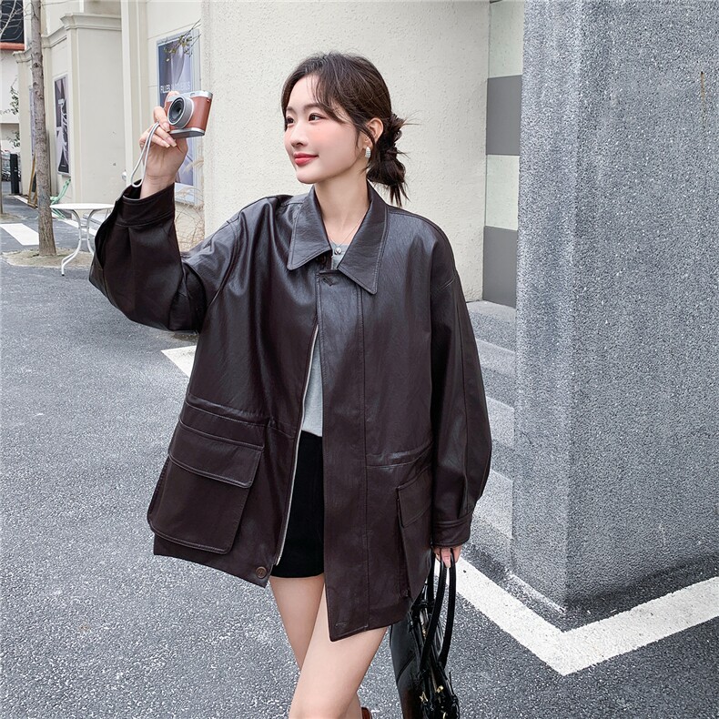 新款，咖色中长款皮衣外套W670P195K318,女装短外套,2C209