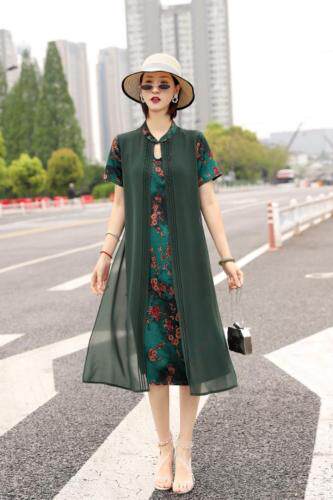 假两件真丝缎连衣裙，女装连衣裙，澳洛菲