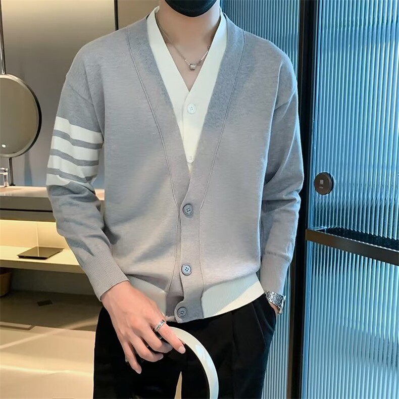 秋冬开衫男英伦复古撞色V领拼接假两件针织衫毛衣外套男M823,男装针织衫/毛衣,星座1116A-2（原606A-1）