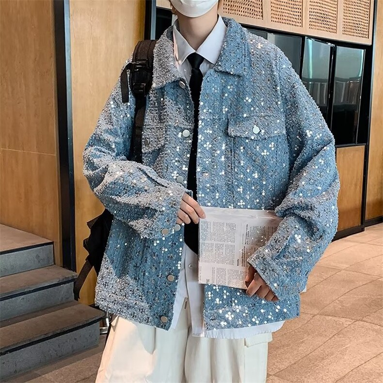 青春流行男春季夹克文艺潮亮片牛仔夹克外套J902P75图片