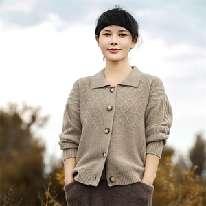 新款菱格坑条翻领单排扣羊毛衫女秋冬新款宽松显瘦针织图片