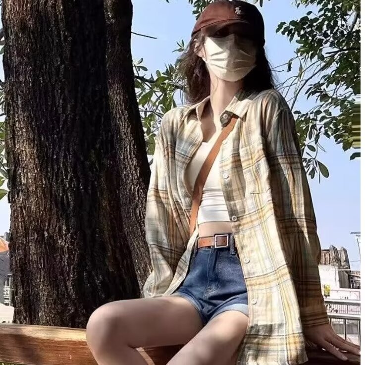 美式复古polo领格子衬衫宽松港风幂式穿搭设计感防晒开衫长袖上衣,男装防晒衣,星座506A
