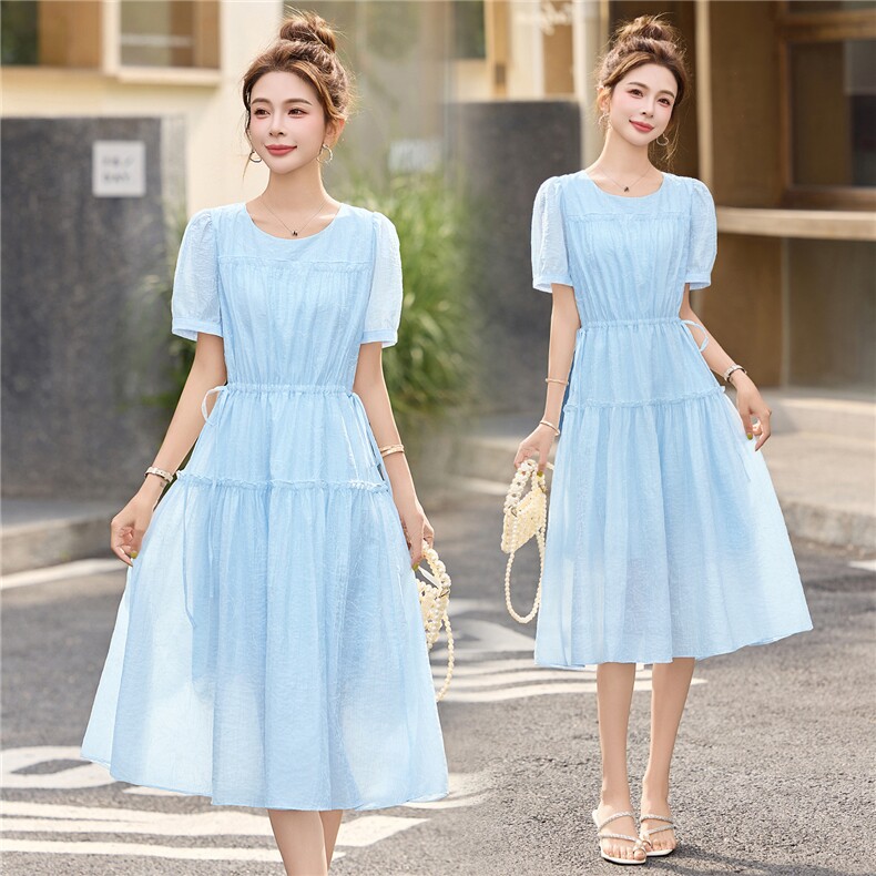 清新洋气减龄蓝色短袖连衣裙女2025夏季新款抽绳收腰显瘦休闲裙子，女装连衣裙，布芭啦