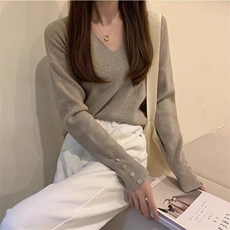 2025年秋季新款百搭V领女士长袖套头针织衫，女装针织衫/毛衣，硕彦羊绒