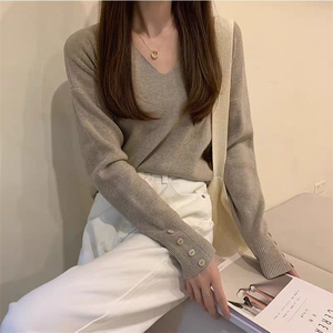 2025年秋季新款百搭V领女士长袖套头针织衫图片